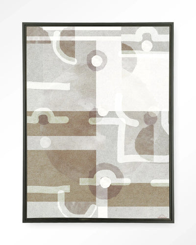 Modern kunst wanddecoratie van Urban Cotton met symbolen van het universum op een zwart wandkleed met zwevende lijst.