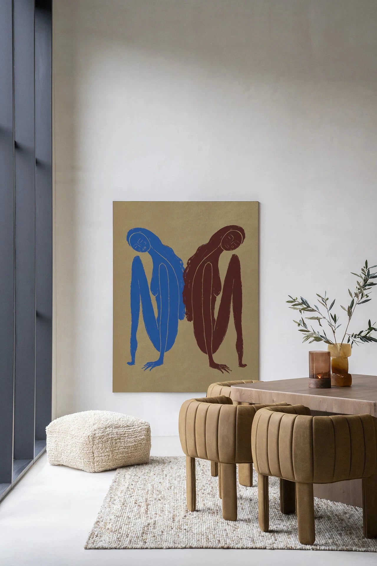 Moderne wanddecoratie van Urban Cotton, kunstwerk met glas en wandkleed in Sync Motion ontwerp, kleurrijk en abstract.