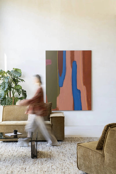 Moderne wanddecoratie van Urban Cotton met Tajo kunstprint, glas art en wandkleed in een stijlvolle frame, kleurrijk en abstract.