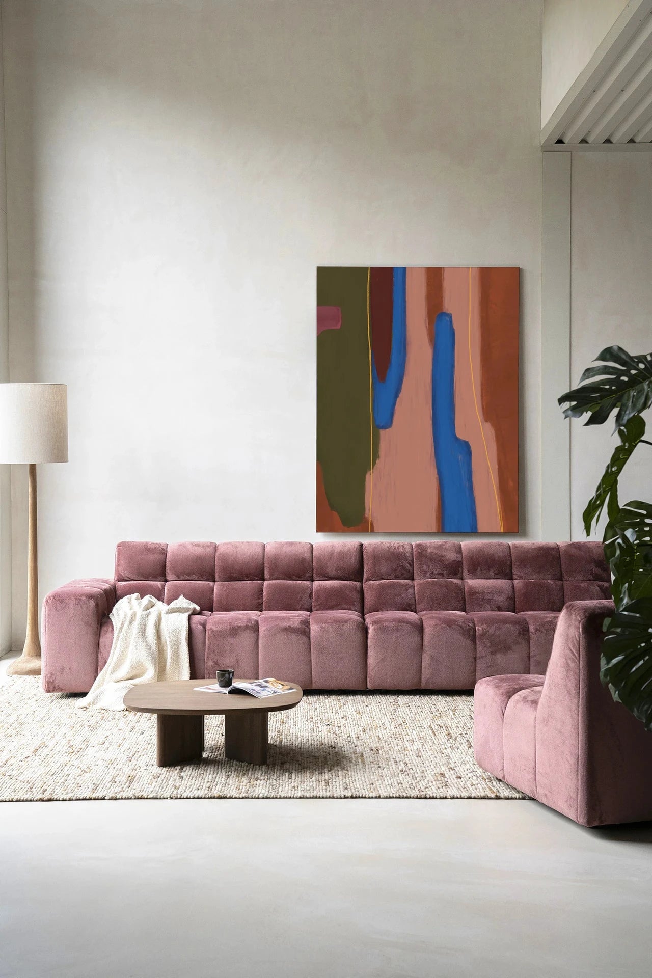 Moderne wanddecoratie Tajo van Urban Cotton, kunstprint met glas en wandkleed met abstract ontwerp in neutrale kleuren.