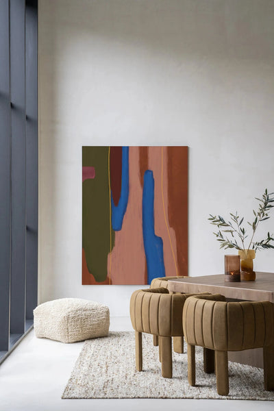 Moderne wanddecoratie van Urban Cotton met Tajo kunstprint, glas art en wandkleed in een stijlvolle frame, kleurrijk en abstract.