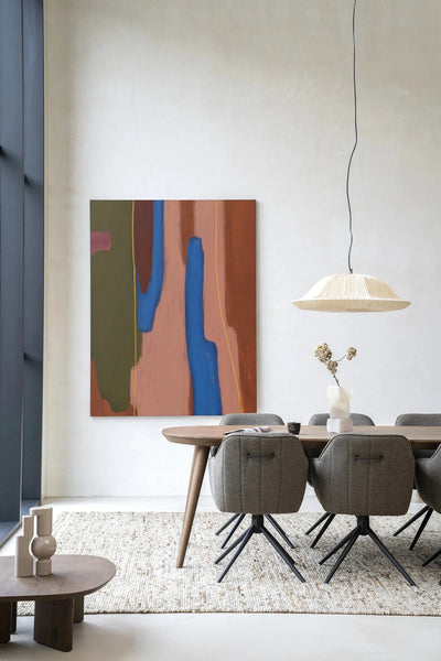 Moderne wanddecoratie van Urban Cotton, kunstprint met glas en wandkleed met abstracte ontwerp en levendige kleuren.