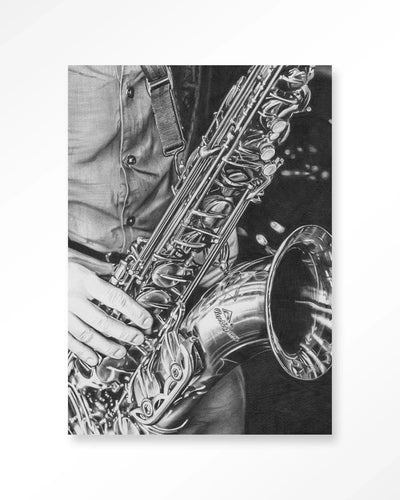 Moderne kunstprint van een man met saxofoon, muurdecoratie van Urban Cotton met glasart en wandkleed, stijlvolle kamer decoratie