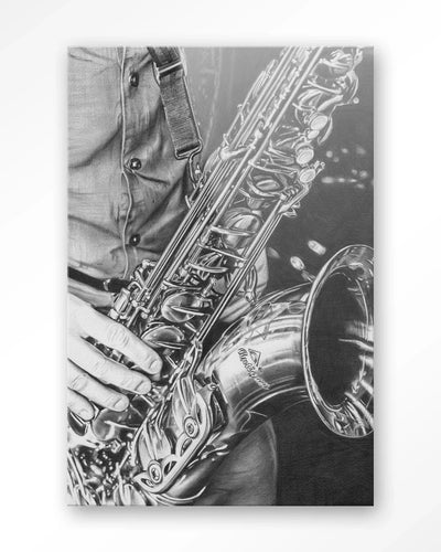 Moderne kunstprint van Urban Cotton met afbeelding van man met saxofoon, glasart en wandkleed voor stijlvolle wanddecoratie