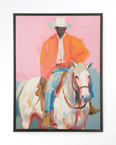 Moderne wanddecoratie van Urban Cotton met kunstprint, glasart en wandkleed met cowboy-sheriff afbeelding in zwart frame
