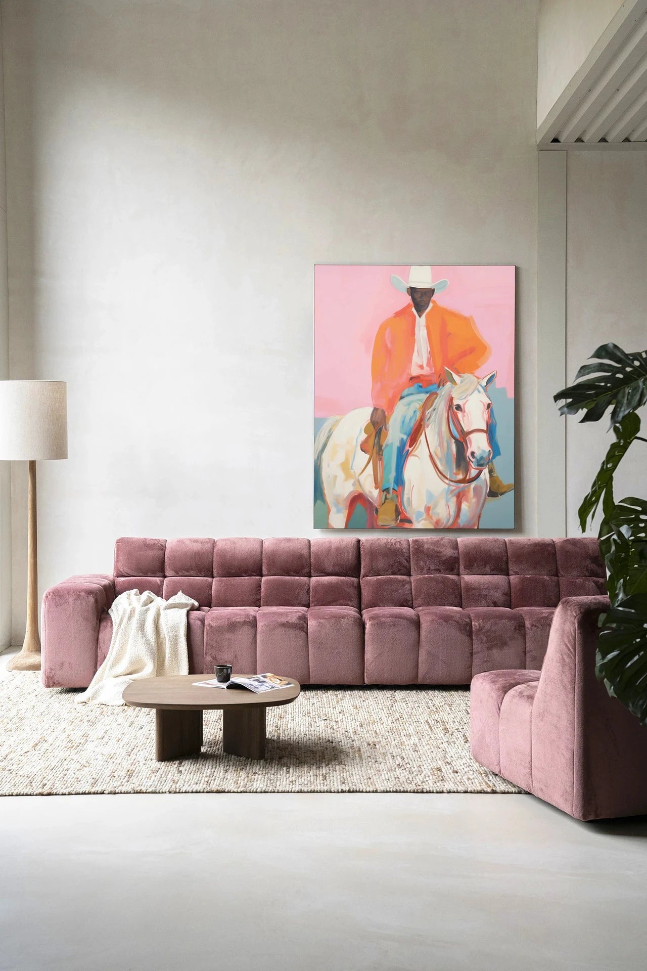 Moderne wanddecoratie van Urban Cotton met kunstprint en wandkleed, getoond in een frame, met een sheriff-thema.