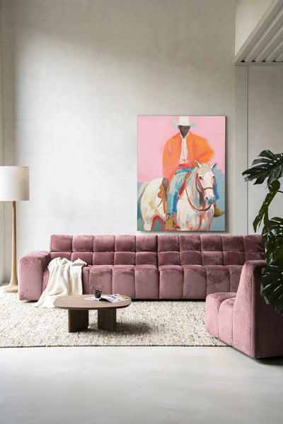 Moderne wanddecoratie van Urban Cotton met kunstprint en wandkleed, getoond in een frame, met een sheriff-thema.