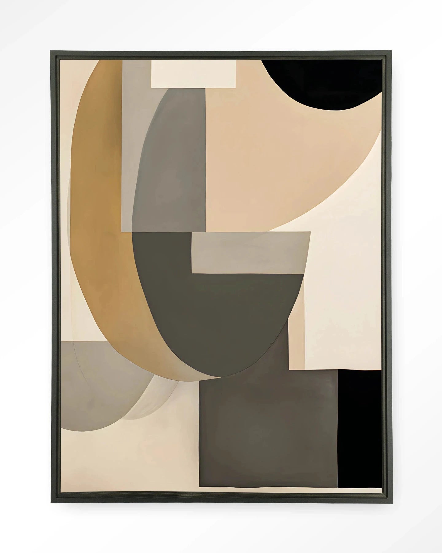 Moderne wanddecoratie van Urban Cotton, kunstwandkleed met zwart zwevend frame en abstract glasartwork.