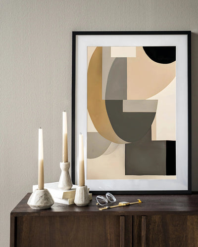 Moderne kunstwanddecoratie met houten frame, zwart kunstprint en glas voor een stijlvolle uitstraling in huis.
