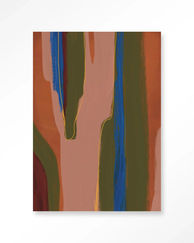 Moderne wanddecoratie van Urban Cotton met kunstprint, glazen kunstwerk en wandkleed in Toledo ontwerp, kleurrijk en abstract.
