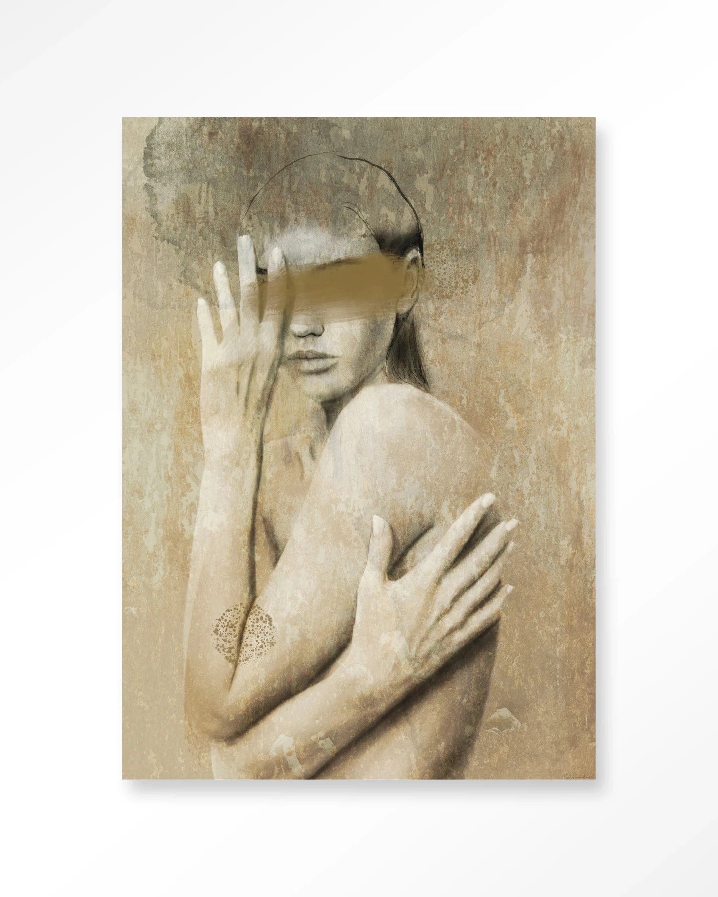 Moderne kunstprint "Touching Me" van Urban Cotton met glasdecoratie en wandkleed, abstracte kunst met zachte kleuren