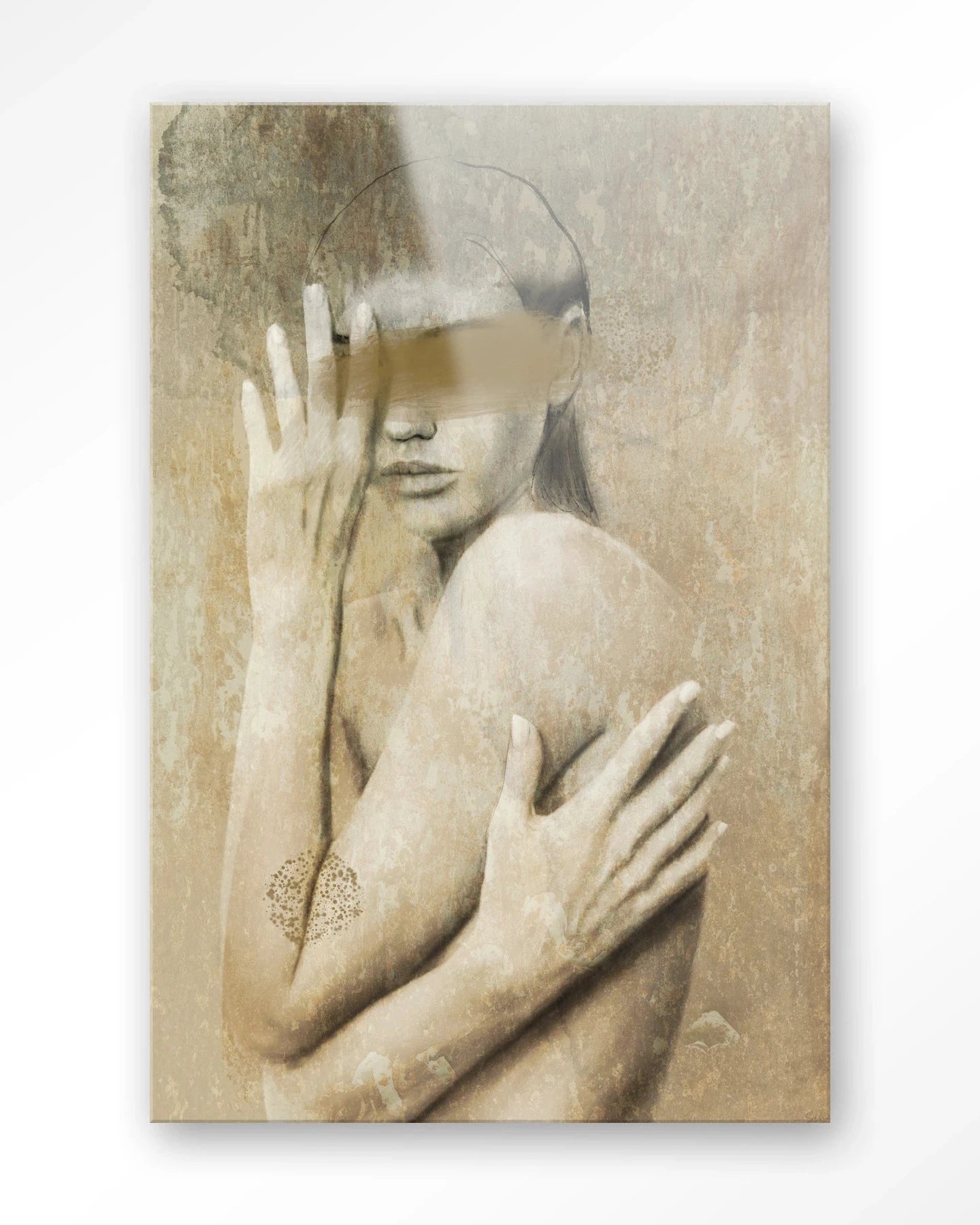 Moderne kunstprint "Touching Me" van Urban Cotton, glaswanddecoratie met abstract ontwerp en levendige kleuren.