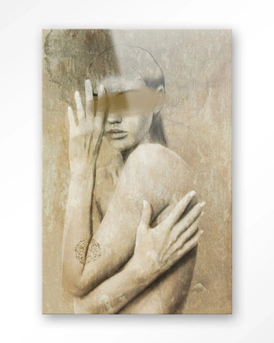 Moderne kunstprint "Touching Me" van Urban Cotton, glaswanddecoratie met abstract ontwerp en levendige kleuren.