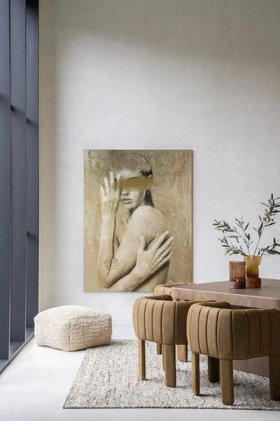 Moderne wanddecoratie van Urban Cotton met kunstprint, glasart en wandkleed, met abstract ontwerp en levendige kleuren.