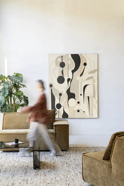 Moderne wanddecoratie met kunstprint en glaskunst van Urban Cotton, Toulouse wandkleed met kleurrijk ontwerp in lijst.