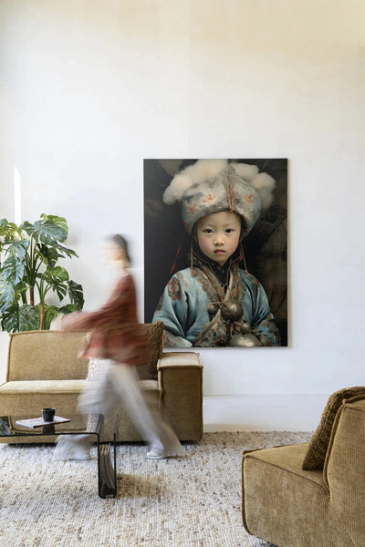 Moderne kinderkunst van Urban Cotton, wandkleed met afbeelding van een traditioneel meisje, geschikt als wanddecoratie en kunstwerk.