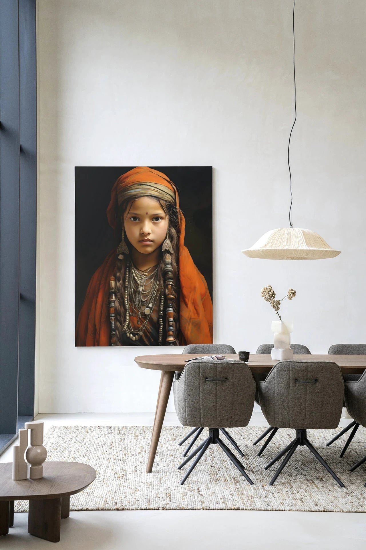 Traditioneel meisje wandkleed van Urban Cotton met moderne kunstprint en glazen kunstwerk, kleurrijk wanddecoratie voor interieur