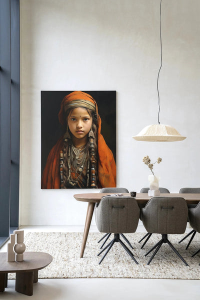 Traditioneel meisje wandkleed van Urban Cotton met moderne kunstprint en glazen kunstwerk, kleurrijk wanddecoratie voor interieur