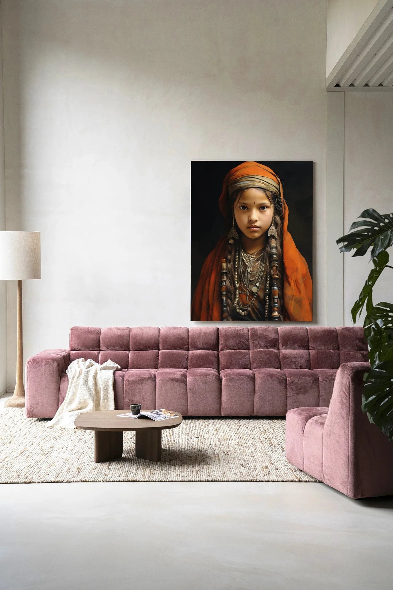 Traditioneel meisje kunstwanddecoratie met wandkleed en glasart, modern ontwerp van Urban Cotton, geschikt voor interieurdecoratie