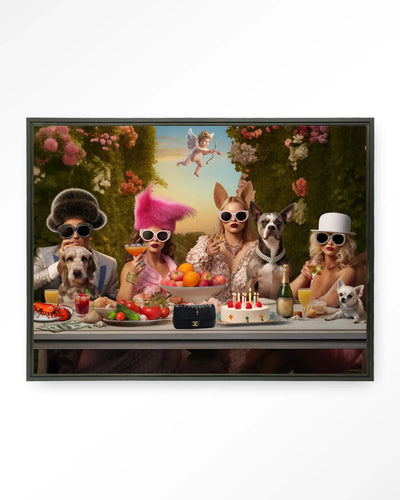 Moderne wanddecoratie van Urban Cotton met Uptown Table kunstprint, glasart en wandkleed in zwart frame, stijlvolle muurdecoratie