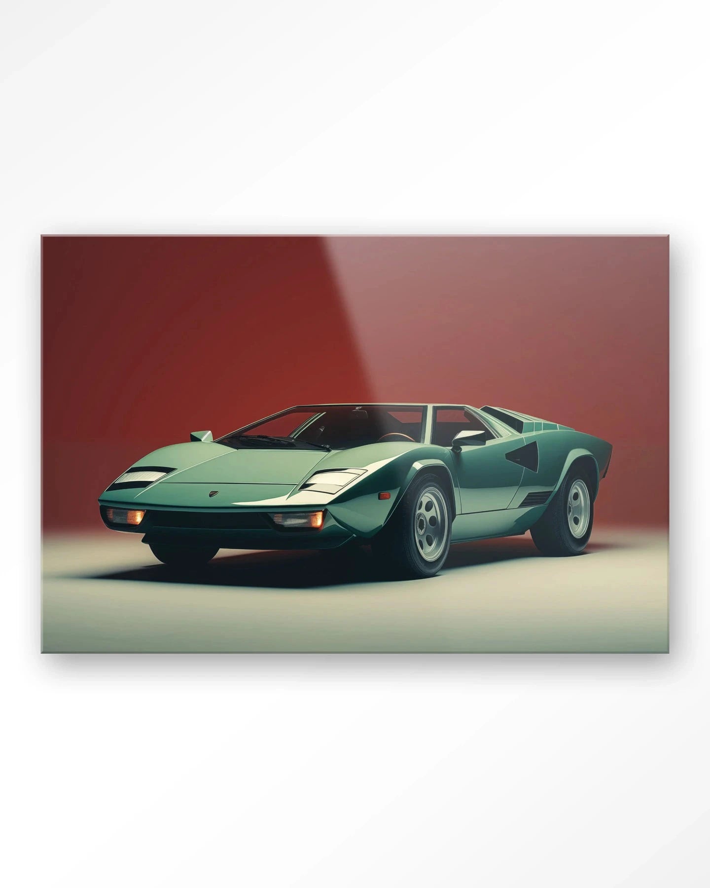 Kunstprint van een vintage Lamborghini op glas, modern wanddecoratie door Urban Cotton, geschikt als kunst aan de muur