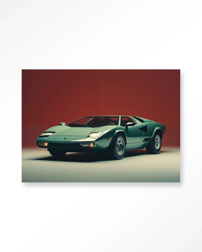 Vintage Lamborghini kunstprint van Urban Cotton, moderne wanddecoratie met glass art en wandkleed met auto design.
