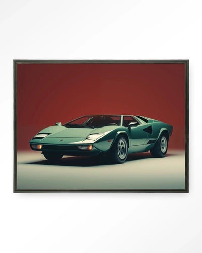 Vintage Lamborghini wandkleed van Urban Cotton met zwart frame, moderne glass art en kunst voor op de muur.