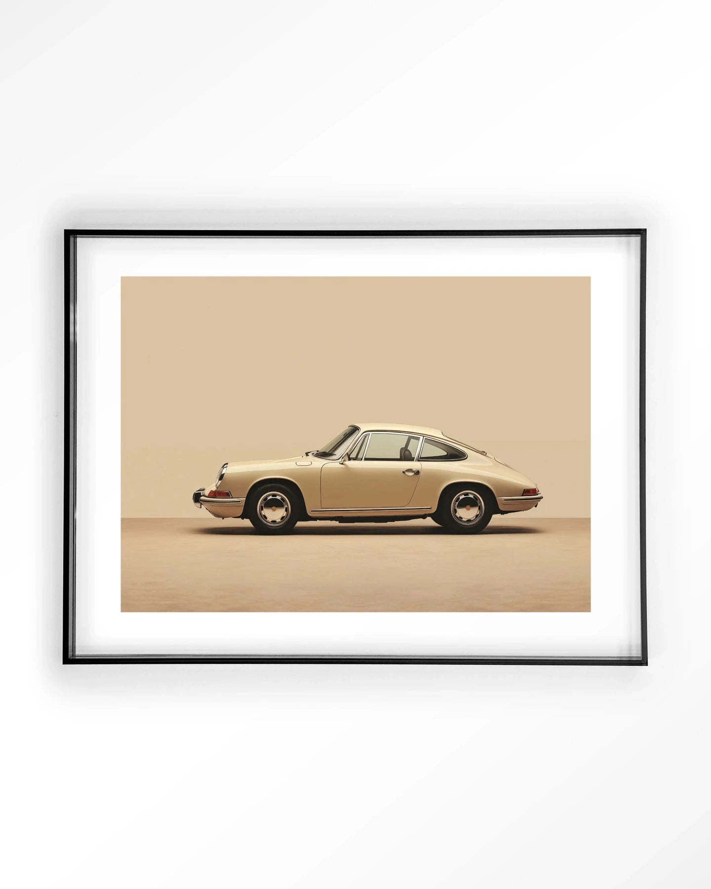 Vintage beige Porsche kunstprint met zwart acryl frame, moderne wanddecoratie van Urban Cotton, geschikt voor interieur.