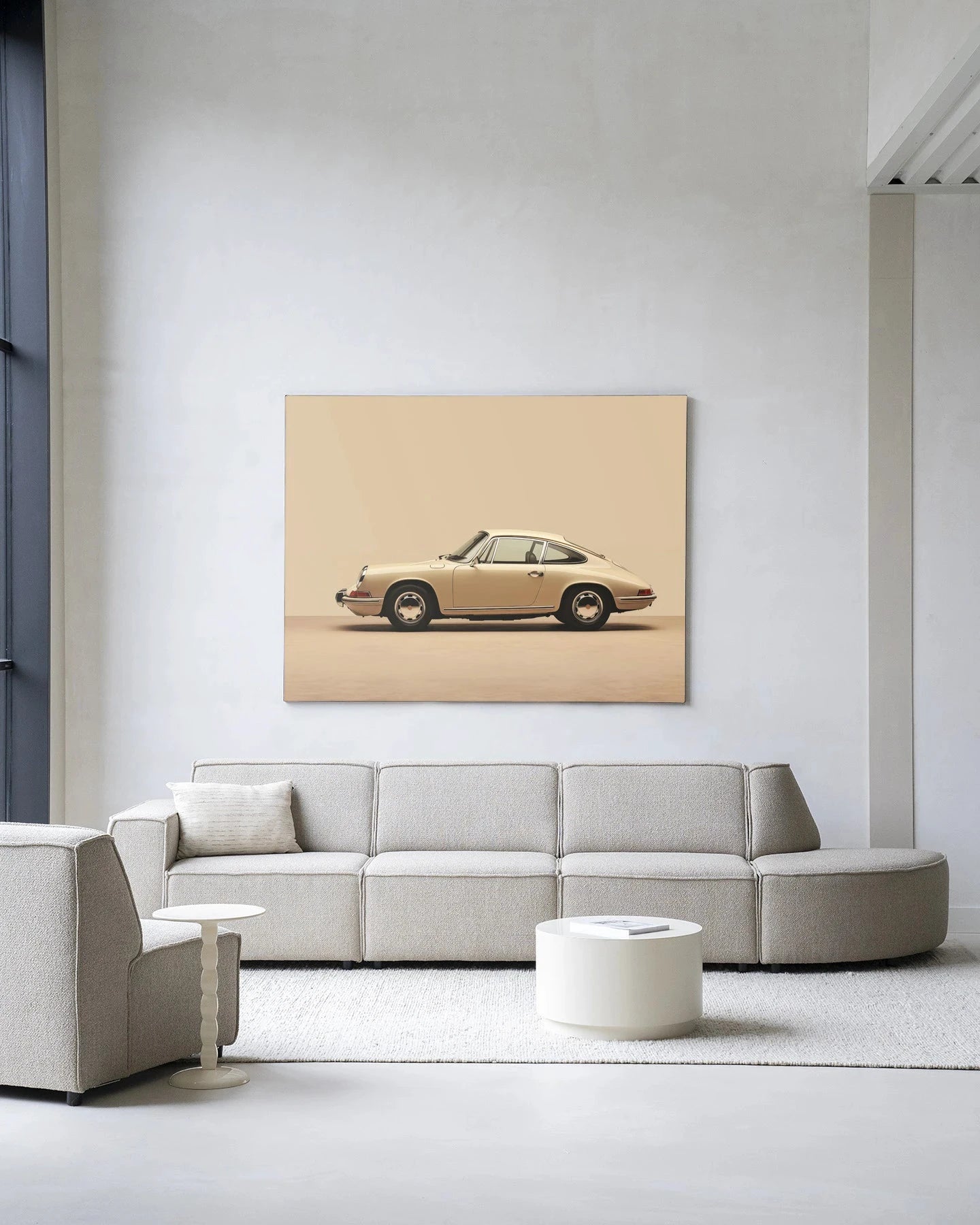 Vintage Porsche beige kunstprint van Urban Cotton, modern wanddecoratie met glas en wandkleed, stijlvolle autokunst voor in huis