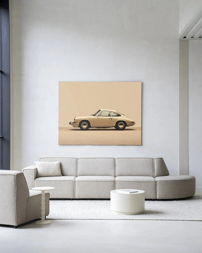 Vintage Porsche beige kunstprint van Urban Cotton, modern wanddecoratie met glas en wandkleed, stijlvolle autokunst voor in huis