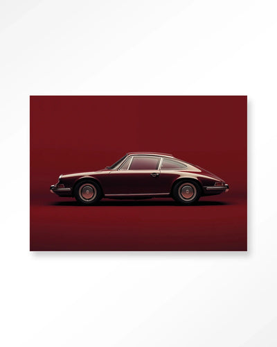 Moderne wanddecoratie met vintage Porsche in rood, kunstwerk van Urban Cotton, glasart en wandkleed voor stijlvolle interieur decoratie.