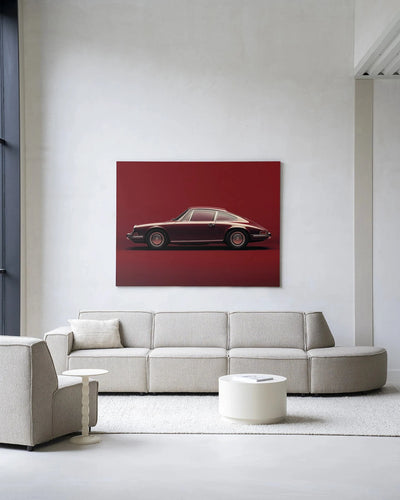 Moderne wanddecoratie met vintage Porsche in rood, glasart en wandkleed van Urban Cotton, stijlvolle kunst voor aan de muur