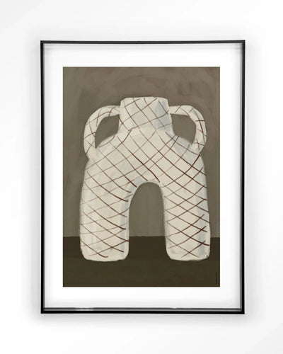 Moderne wanddecoratie met Vivid Vase 05 kunstprint van Urban Cotton, afgebeeld in zwart acryl frame op muur.