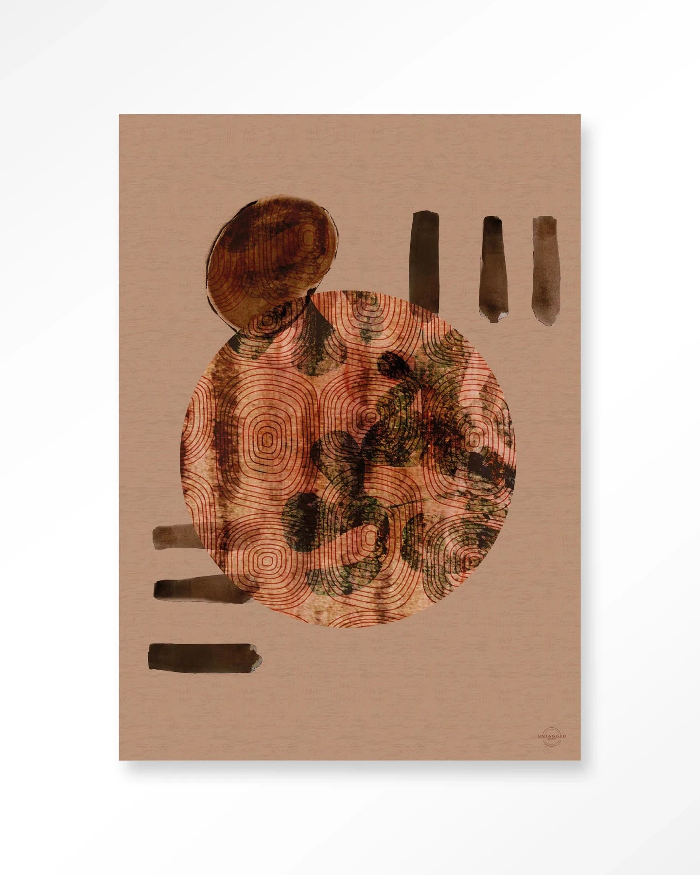 Moderne wanddecoratie van Urban Cotton met Wabi-Sabi Lifelines kunstprint, glasart en wandkleed in abstracte stijl.