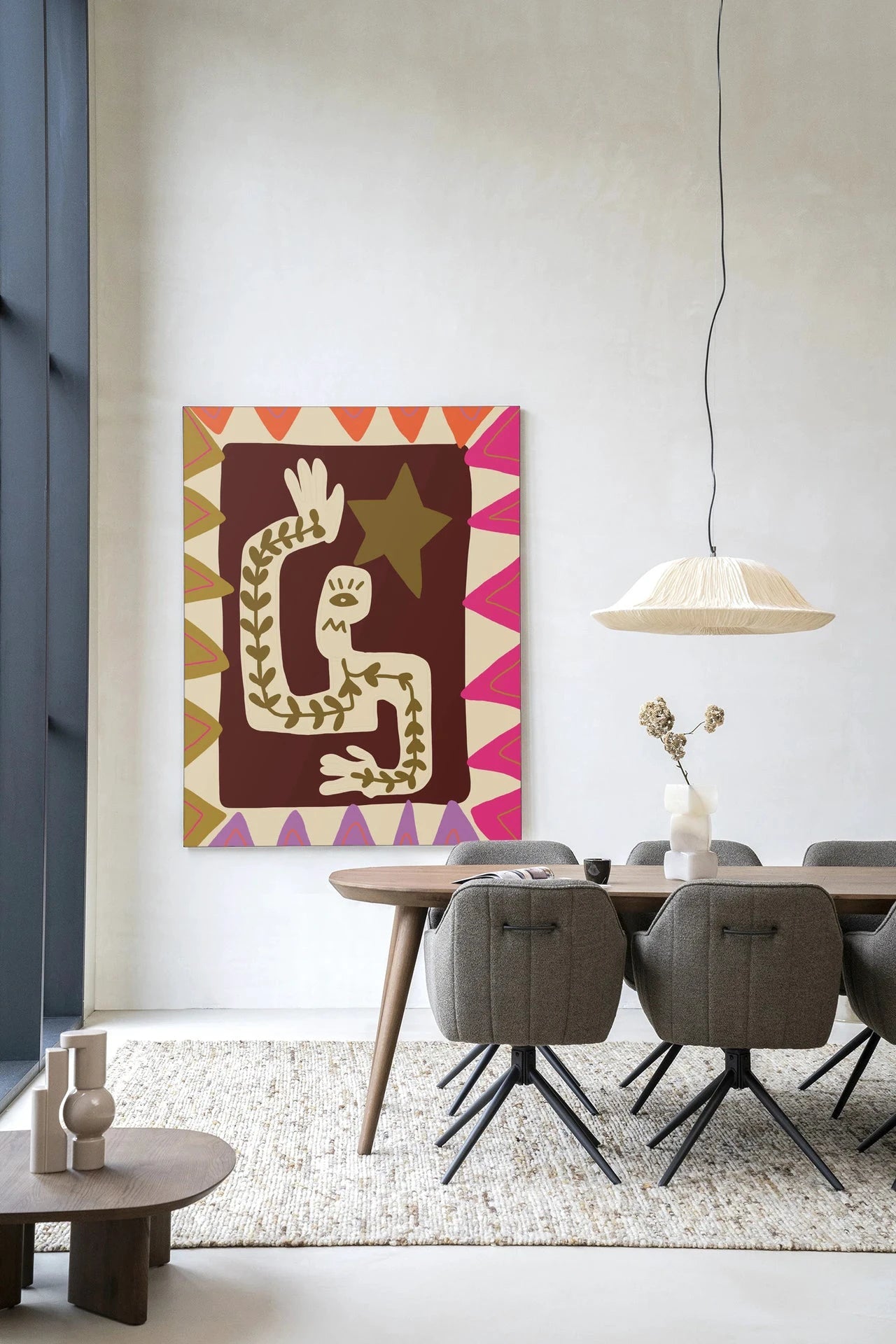 Moderne Wave wandkleed van Urban Cotton, kleurrijk kunstwerk met abstracte golven en glasdetails voor wanddecoratie