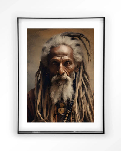 Moderne kunstprint van een wijze man met acryl frame in zwart, wanddecoratie van Urban Cotton, geschikt als artprint, glazen kunst of wandkleed