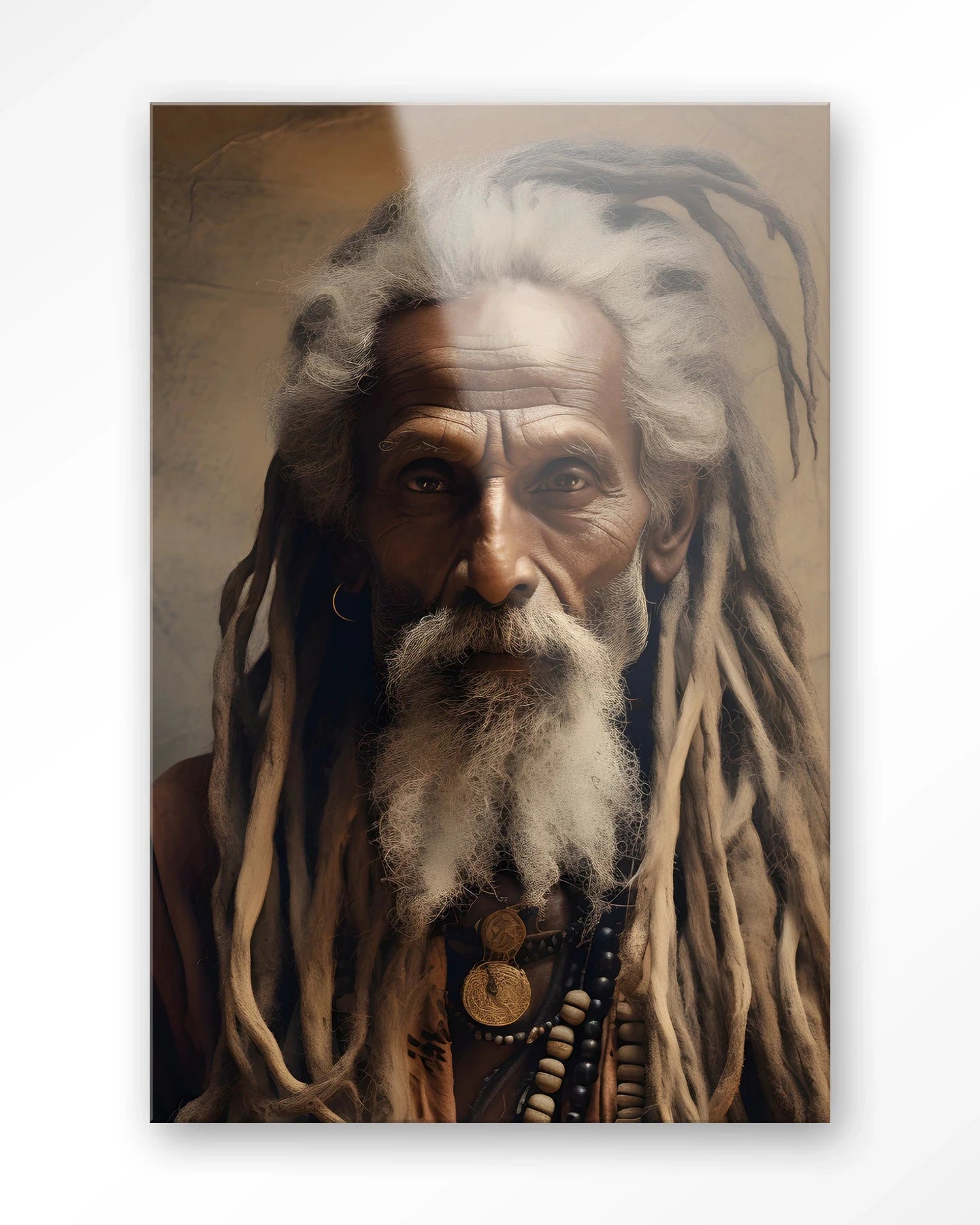 Moderne kunst van Urban Cotton, Wise Man artprint en glas, wanddecoratie met abstract ontwerp en levendige kleuren.