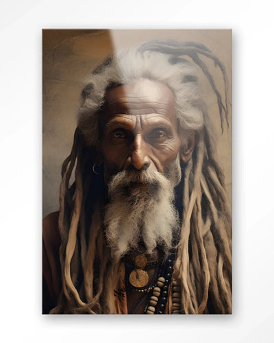 Moderne kunst van Urban Cotton, Wise Man artprint en glas, wanddecoratie met abstract ontwerp en levendige kleuren.