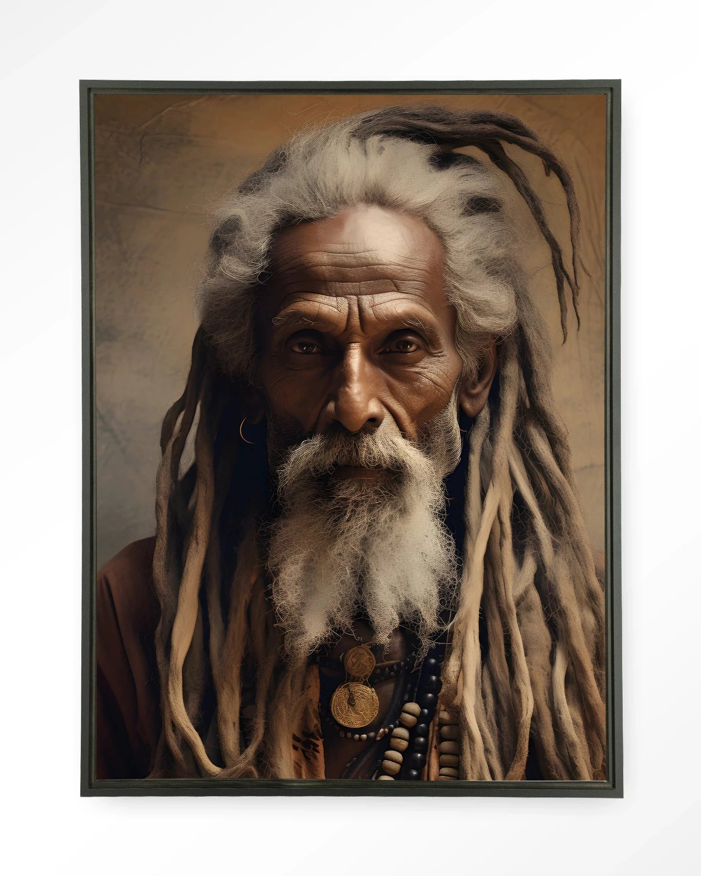 Moderne wanddecoratie van Urban Cotton met een kunstprint van een wijze man, inclusief glazen kunstwerk en wandkleed in zwart frame