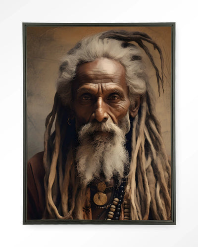 Moderne wanddecoratie van Urban Cotton met een kunstprint van een wijze man, inclusief glazen kunstwerk en wandkleed in zwart frame