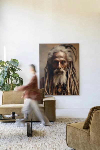 Moderne wanddecoratie van Urban Cotton met kunstprint van wijze man, glasart en wandkleed, geschikt voor stijlvolle interieurversiering